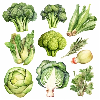 Green vegetables watercolor illustration. Food hand drawn clipart collection. Botanical elements clipart set. Leek, celery, bok choy, cabbage. cucumber, artichoke, cauliflower clip art