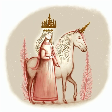 Santa Lucia, illustration, pastel chalk, cheerful, cartoon, Christmas trees, standing with a horse wearing a candle crown, clipart, white background