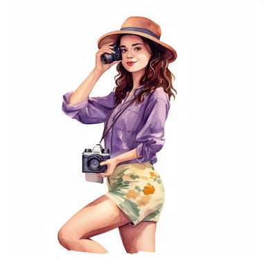 beautiful girl, 20 years old tourist with RETRO camera clipart,wearing VIOLET SUMMER apparels, happy expression, dynamic pose, side view, in the style of watercolor cartoon clipart, kate greenaway style, high resolution, composition free space, pastel color scheme, soft and tender, watercolour clipart, watercolor illlustration for kids and children,isolated white background, clipart most popular on etsy, book illustration, featured on dribble,print on demand image, PNG tranparent background,comp