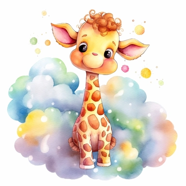 a captivating watercolor clipart image with a white background and white margins, featuring a cute sweet kawaii extremely happy smiling cartoon baby giraffe on a cloud, full body. The ultra-detailed, hand-drawn elements capture the details. Use vibrant shades of various colors to create a visually appealing image
