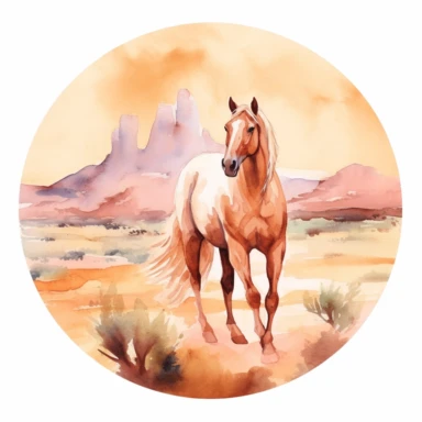 watercolor palamino horse in the desert, warm colors, sunny, pink peach brown, white backgroud, round clip art