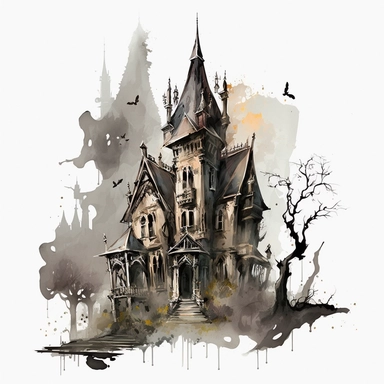 isolated clipart image of a spooky gothic house with intricate architectural details, twisted spires, and looming shadows, each house unique in its design, showcasing different elements like pointed windows, wrought-iron gates, and weathered stone walls, surrounded by a foggy atmosphere that adds a sense of mystery and intrigue, watercolor painting, delicate brushstrokes capturing the eerie charm,