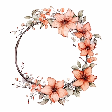 watercolor clipart of a empty suttle dainty floral oval frame surrounded by peach color flowers. Capture the essence of blooming beauty and intricate details in your artwork, white background