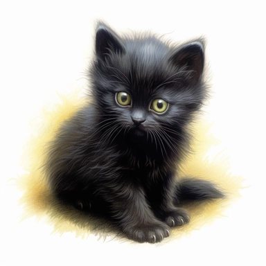 A fuzzy black kitten, playing, color pencil sketch on a white background for clipart