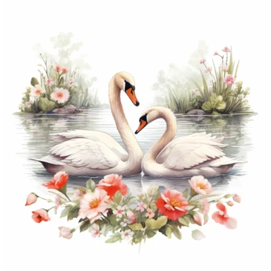 With their graceful necks and elegant forms, a pair of swans swim in a tranquil pond surrounded by blooming Spring flowers, ,clipart, on a white background.