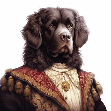 Majestic Newfoundland adorned in an exquisite Victorian-inspired coat, emanating elegance and grace against the pristine white backdrop. Its expressive eyes and gentle demeanor make for a visually stunning Victorian-themed portrait. Clipart, watercolor, white background, intricate detail, unreal engine cinematic smooth. Realistic rendering