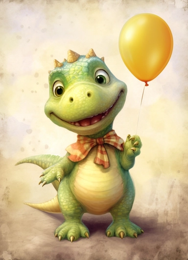 cheerful dino , clipart for a bithday card, soft faded colors, realistic, art for children
