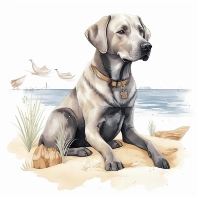 Hand drawn Labrador dog, at the beach, very detailed and realistic, watercolor, white background with margins, clipart style