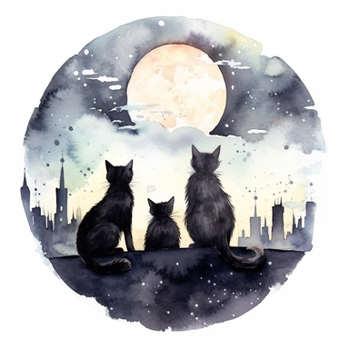 This highly detailed watercolor clipart showcases a captivating night landscape, featuring silhouettes of cats sitting gracefully in front of a glowing moon, against a serene white background. The artwork captures the enchanting ambiance of the nocturnal scene with remarkable precision. The cats are depicted with intricate brushstrokes, highlighting their elegant forms against the moon's radiant glow. Against the clean white backdrop, this clipart evokes a sense of mystery and whimsy, making it 