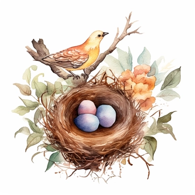 handprinted Watercolor tree and Bird Nests Clipart, flowers, and leaves, 3 eggs on the nest, and the bird sitting beside the nest. mother bird sitting beside of nest.