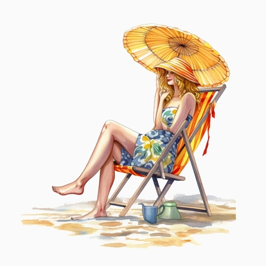 Sunbathing in a bikini at the beach , ultra detailed, watercolor, clipart, no background