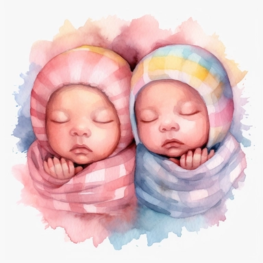 Watercolor cute new born twin baby on a cute blanket, clipart, singel clipart, High resolution, 8k