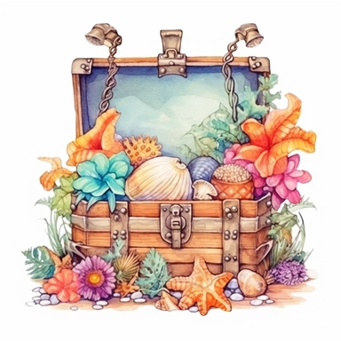 clipart, isolated on white background, Watercolor spring ornated treasure chest with jewelry on the beach, sea animals, detailed, flowers, ornated, pastel colors