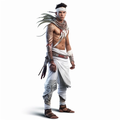 lean, white young male, full body shoot, tribal clothing made from recycled materials 1000years into the future post ecological evolution. unreal game engine style, different poses, detail, clipart, white background, one of a kind--ar 16:9