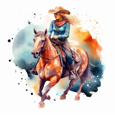 Cowgirl riding a horse illustration, nebular mix background, clipart, photorealistic illustration, watercolor, high detail, 8k polished, 8k, vibrant colors, sticker, majestic, die cut, white background
