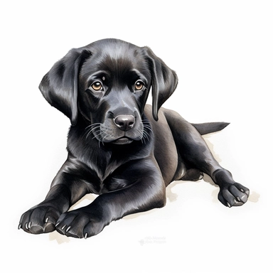 black labrador retriever puppy lying down, watercolor illustration, clipart, full body, hyper-realistic animal illustration, childlike, free brushwork, white background