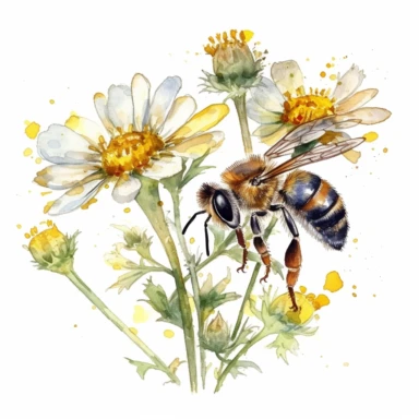watercolor clipart, A close-up of a honey bee collecting nectar from a wildflower flower, white background