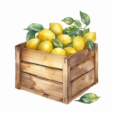 Hand drawn watercolor wooden crate with lemons, realistic and detailed, clipart on white background