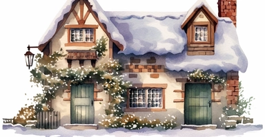 Cute English Cottage, snowy, ornamental watercolor clipart