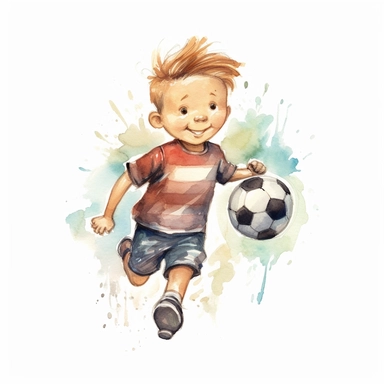 cute Watercolor cartoon soccer player, clipart, white background