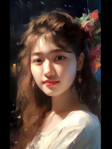 the girl is beatiful, best quality, 8K, bright, front lighting, face shot, fine luster, very deitaled, realistic, figurative painter, Deco art, Oil painting on canvas, beautiful painting by Daniel F Gerhartz, The girl has a bright smile on her face. She is wearing a blue shirt with a cute bowtie on it. She has a pretty hair clip on her head
