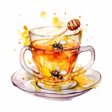 whimsical watercolour clip art honey tea in a glass cup and saucer