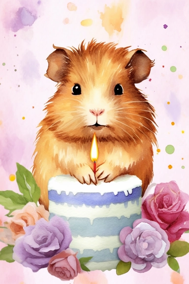 Create a watercolor clipart picture of a cute guinea pig sitting next to a birthday cake, with small flowers and greenery. The guinea pig should be a friendly and curious breed, and the cake should be a single-tier design with pastel colors and simple decorations, such as sprinkles and candles. The flowers and greenery should be scattered around the cake and the guinea pig, creating a whimsical and natural feel. The guinea pig can be holding a small party hat or a miniature banner to add to the 