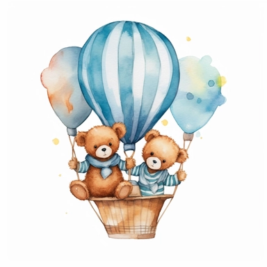 baby boy twins watercolor teddy bear in hot air balloons cute png clipart