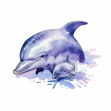 a Dolphin With Baby in the style of watercolour clipart with detailed brush strokes