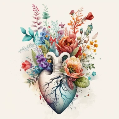Generate a beautiful digital watercolor clipart illustrating flowers growing from a human heart, replacing the traditional vase. The art should evoke a sense of spring, with a variety of flowers in vibrant, spring-like colors. The heart from which the flowers grow should be detailed and realistic, adding a touch of whimsy and symbolism to the piece. The flowers should bloom from the realistic heart, they should bloom and be beautiful. A lot of flowers, spring vibes.
