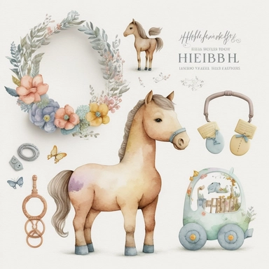 boho, nursery items, baby toys, watercolor clipart, Hermès equestrian style