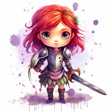Clipart of a cute little girl brave happy warrior. She is red headed with green eyes. The background is watercolour. Cute and modern knight outfit. full body. wearing black and purple