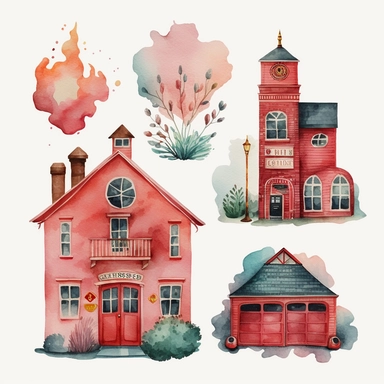 watercolor clipart of a cute red fire station , different lateral standing poses, cute cartoon building, pastel