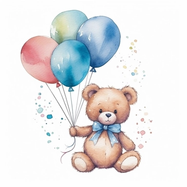 Watercolor Cute Teddy Bear Holding ballons Cliparts,minimalist, isoiliated white background