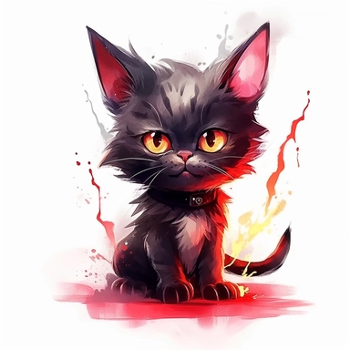 watercolor of cute electrical god cat, black and red lightning strikes, vector free clipart illustration, in the style of unreal engine 5, 32k uhd, detailed