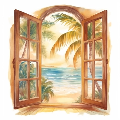 view from the window of a room on the tropical beach. the window is overlooking a tropical scene and palm trees. ultra-realistic and hyper-detailed watercolor clipart on a white background in the style of disney animation