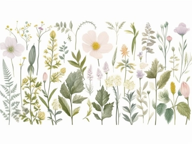 Clip art set.Woodland Fantasy: Wood Anemones, Trilliums, and Jack-in-the-Pulpits. Soft, Gentle, color pallete. perfect for adding a whimsical and romantic touch to invitations, stationery, and more, vector, contour, white background, clipart set, spaced out