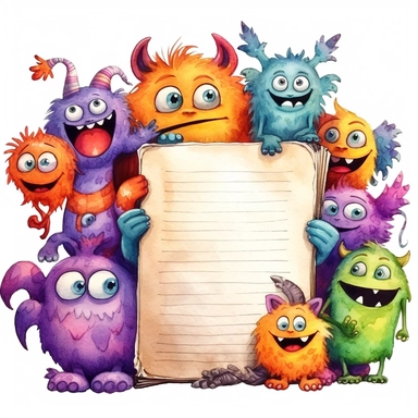 a page border of goofy, super adorable, cute, watercolour monsters, holding a school book that says Monsters at Schoop Clipart on it, pencil and art things, fluffy, big eyed, vibrant, smiling, on a pure white background in PNG format