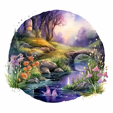 cartoon fairy glen by the River, grass and flowers line the sides if the river, glowing lights and sparkles, colors of green purple gold and blue, glamorous realistic and detailed, watercolor, white background with margins, clipart style