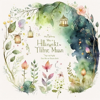 A mesmerizing watercolor clipart collection featuring elements from llustration of a magical forest inspired by Shakespeare's A Midsummer Night's Dream. lush green trees adorned with twinkling fairy lights, Delicate flowers bloom in vibrant colors, while mischievous fairies flit through the air, leaving behind trails of sparkling dust, ethereal ambiance. whimsy and enchantment,