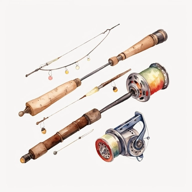 Watercolor fishing pole clipart, white isolated background, space out, hd