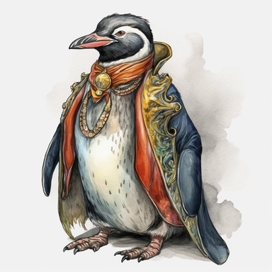 penguin, full body, cartoon style, baroque, watercolor, colorful, clipart