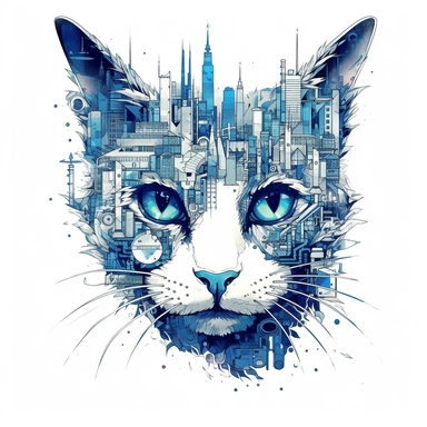 cat, Blue eyes, collage quirky cool collage city, Felis catus clipart, white contour detailed, clean line, hd, on white background, spaced out
