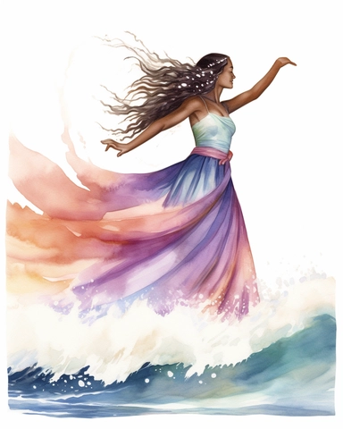 delicate watercolor pastel clipart of a Hawaiian hula dancer dancing in front of huge waves on the beach