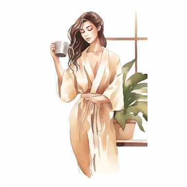 a watercolor sticker of a woman in white dress watering a big house plant. Clipart. Neutral beige faded color palette. White background. Artistic illustration. Hand-drawn.