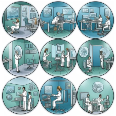 Design 40 individual circular 3D high-definition images for a Medical office specializing in internal medicine. Place related nurse and doctor related clipart inside each circular image.The art inside the images should embody the healthcare industry,e,l doctors and nueses concept and have a simple, elegant style. Use abstract images, to represent the medical field concept. Opt for a minimalist color scheme with shades of blue, green, gray, or burnt orange, conveying a professional and reliable m