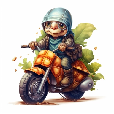 Create a clipart of a cute baby turtle in a leather jacket with a shell on the back and riding a vintage motorcycle. Strong and vibrant colors. Jungle trees before a White Background, soft lighting.