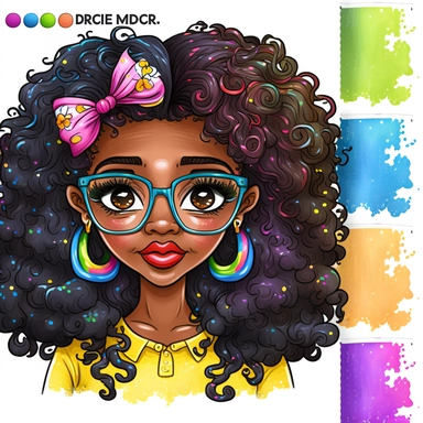 2d watercolor clipart kawaii, spring, april, character of beautiful african american woman, Intricately rendered dark Skinned woman, full body portrait, intricately rendered, 8k, long thick curls brown hair, sparkles, generously detailed, hyper realistic, digital, long rainbow eye lashes, beautiful retro comic urban chick, smart, books, nerdy, glasses, 8k,
