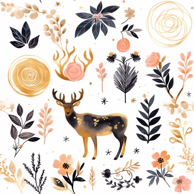 Draw a watercolor-style clip art images that feature objects related to an aesthetic adorned with floral designs. The images should have aesthetic, and should incorporate elements such as watercolor [gold] whimsical and cute illustration in watercolor of a cute deer with black ornaments on the body, in a Scandinavian folk art style with botanical and swirl motifs. light pink gold colors Traditional with a modern twist watercoloritem collection, isolated on a white background, gourmet, classy, si