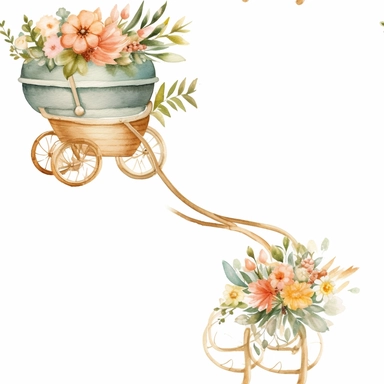 Draw a watercolor-style clip art images that feature objects related to an aesthetic adorned with floral designs. The images should have aesthetic, and should incorporate elements such as watercolor [gold] whimsical and cute illustration in watercolor of baby stroller (https://cdn.midjourney.com/152d87ad-3fb9-4f89-9efc-4d84587ab96c/0_1.png) with black ornaments , in a Scandinavian folk art style with botanical and swirl motifs. light pink gold colors Traditional with a modern twist watercolorite